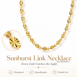 Collar con diseño de rayos de sol |   Collar y Pulsera de Cadena de Discos con Corte de Diamante en Acero Inoxidable Chapado en Oro de 18K |   Resistente al agua y sin deslustre - Product Image 1