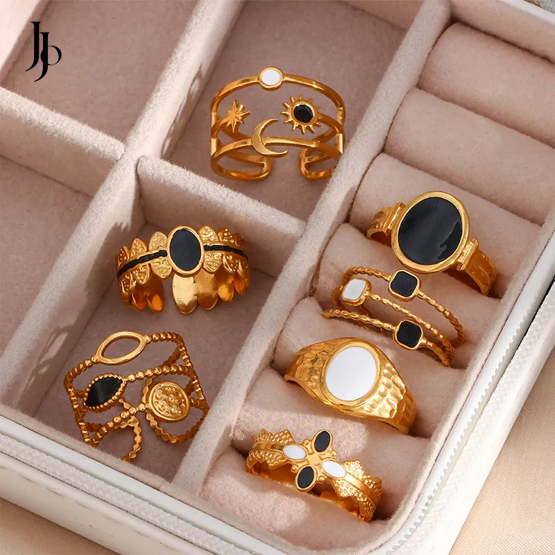 JOJO Fashion 2023 Dainty boho vintage star midi moon rings jewelry women Black white dripping oil gold stainless steel rings