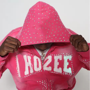 طقم هودي وبنطلون رياضي مخصص ثقيل الوزن مطرز بتصميم مميز للجنسين مع تطريز بالأحجار اللامعة وتأثير باهت وغسيل حمضي - Product Image 1