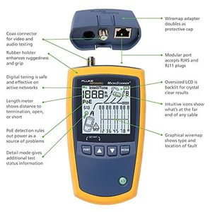 Kit de vérification de câbles en cuivre Fluke Networks MicroScanner2, analyseur Ethernet avec écran LCD et alimentation par batterie pour les réseaux - Product Image 2