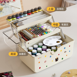 Caja de herramientas de pincel, caja de almacenamiento portátil para estudiantes de arte de pigmentos, divisor de gran capacidad, papelería de tres capas, pintura de plástico - Product Image 4