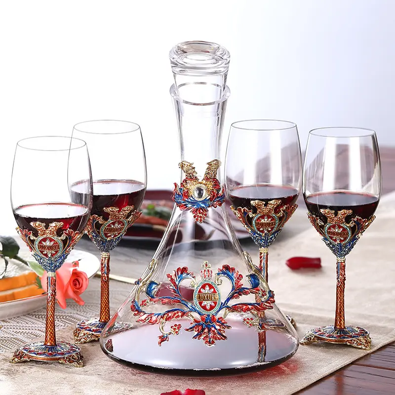 Contenitore di regalo di imballaggio del fiore dello smalto di alta stelo in metallo vino whisky tazza di vetro insieme con decanter
