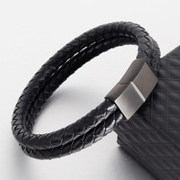 Bracelet pour homme en cuir véritable tressé à double couche en acier inoxydable avec fermoir à boucle magnétique