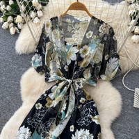 Ensemble élégant pour femme, imprimé floral, col en V, manches courtes, taille nouée, jambes larges, pour l'automne