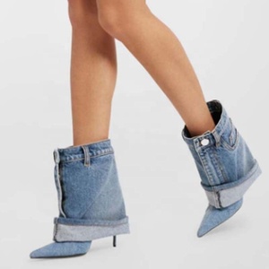 Size 45 Custom Denim Short Pants <b>Boots</b> Thin High Heels Pointed Toe Overlay Ankle Booties Wide Top Women's Trend Folded Shoes - Product Image 6