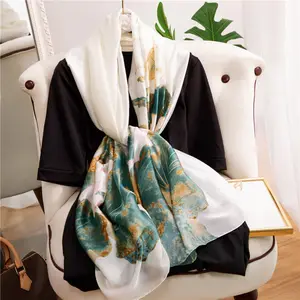 Wholesale 2021 fashion lotus white silk scarf high quality women custom print shawl neck satin chiffon scarf