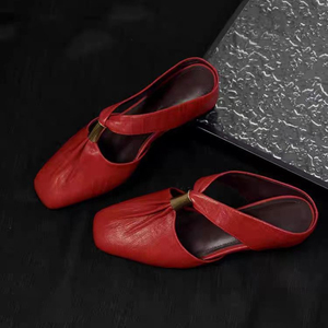 Mules en cuir à bout carré pour femmes, sandales à talons avec boucle métallique, sans talon, pour un usage quotidien décontracté - Product Image 2