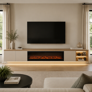 Mobile <span class=keywords><strong>TV</strong></span> Moderno Estensibile con Camino Elettrico Integrato, Luce Ambientale <span class=keywords><strong>a</strong></span> LED, Consolle Multimediale, Dimensioni Personalizzabili per Hotel e Sale da Pranzo - Product Image 1