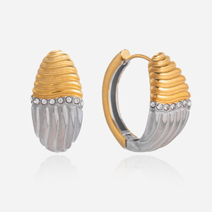 Hoop Earrings Stainless Steel Gold Silver Two Tone Crystal Inlay Everyday Wear Geometric Design Oval Shape - Product Image 1