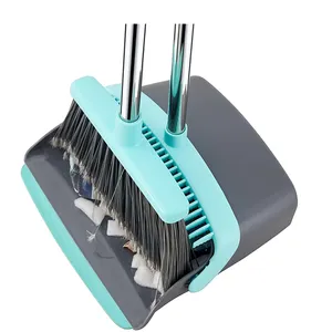 heavy duty eco friendly folded assembled smart closed open stand up plastic broom and dust pan set image blue with long hand