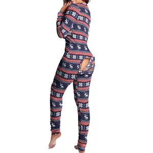 Pijamas femininos funcionais com aba aberta, crotch, manga longa, gola em v, terno de casa