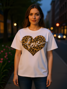 T-shirt Kawaii Love Leopard Heart da donna oversize a maniche corte girocollo 100% cotone top casual primavera estate - Product Image 2