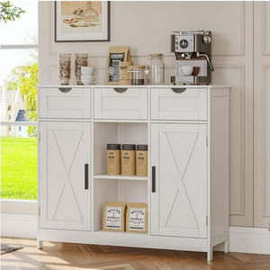 Gabinete de barra de café <span class=keywords><strong>blanco</strong></span> 2 estantes ajustables 3 cajones 2 puertas Almacenamiento de madera para baño cocina sala de estar - Product Image 6