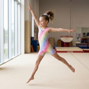 Justaucorps de gymnastique sans manches pour enfants avec imprimé tie-dye arc-en-ciel et chouchou pour cheveux, short de danse pour filles - Product Image 3