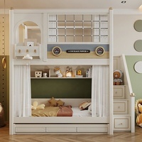 Lit superposé pour enfants en bois massif avec barrière de sécurité en treillis, escalier de rangement, vente en gros pour chambre d'enfant, maison familiale