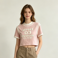 T-shirts courts personnalisés brodés pour femmes, OEM ODM, avec bordure rayée, col rond, manches courtes, décontractés, en coton