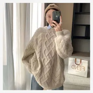 Sweater Wanita Rajut Kabel Pullover Longgar dan Gaya Malas Pakaian Luar Musim Dingin Pakaian Luar Benang Kasar Atasan Baru