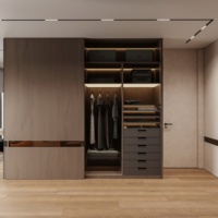 Armoire de chambre à coucher coulissante en bois, style minimaliste moderne, avec tiroirs intégrés et éclairage LED, origine Chine, emballée pour l'expédition