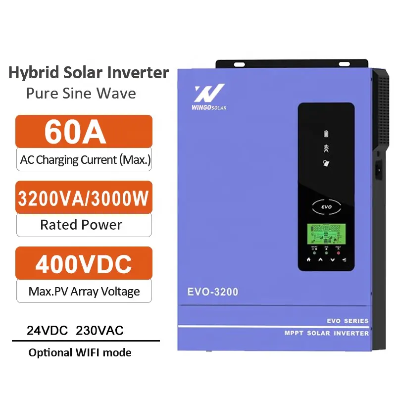नाइजीरिया होम एनर्जी स्टोरेज सिस्टम के लिए 24V बैटरी के साथ विंगो हाइब्रिड सोलर इन्वर्टर 3kw 4kw 5kw ऑफ ग्रिड प्योर साइन वेव इन्वर्टर