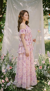 Robe longue florale rose pour femme, épaules dénudées, manches à volants, taille haute, superposée, pour soirée d'été, prête à être expédiée, meilleur prix - Product Image 5