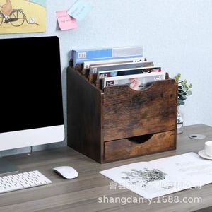 Retro wooden multi-compartment <b>file</b> <b>organizer</b> for office and living room desktops, walnut color. - Product Image 4