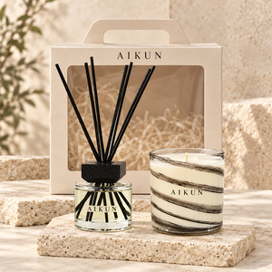 Aikun Coffret Cadeau 100ml – Diffuseur à Bâtonnets et Bougie en Verre Rond avec Impression Soie, Toutes Senteurs, Longue Durée, Faible MOQ, Service Rapide – Idéal pour les Boutiques de Décoration - Product Image 1
