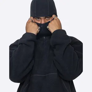 Özel logo tam yüz zip up ceket hoodies kış sıcak polar nakış maskeli ninja sherpa hoodie erkekler