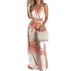 Combinaison élégante et décontractée pour femme, style européen et américain, col en V, longueur ras du sol, boutonnée, imprimée et colorée, vente en gros - Product Image 4