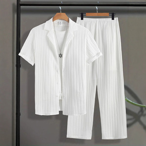 Ensemble d'été décontracté pour <span class=keywords><strong>homme</strong></span> : Chemise boutonnée à manches courtes côtelée 100 % polyester avec col de costume et pantalon long de couleur unie – <span class=keywords><strong>Style</strong></span> urbain - Product Image 1