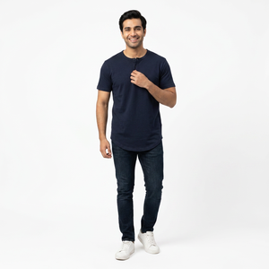 T-shirt Henley à manches courtes en coton bleu marine de luxe pour homme, ourlet incurvé, pré-rétréci, respirant, coupe premium - Product Image 1