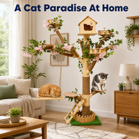 Arbre à chat en bois naturel, tour d'escalade multi-niveaux pour chat, avec porte en forme de chat, poteaux en sisal et balançoire, mobilier d'intérieur pour animaux de compagnie