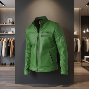 BS International Top Discount New Long Lasting 100% Genuine Green Leather <b>Racer</b> <b>Jacket</b> Windproof Waterproof Superb Quality Front - Product Image 1