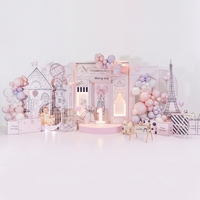 Ensemble de ballons en latex naturel avec toile de fond imprimée numériquement, motif Tour Eiffel, rose luxe moderne, pour fête d'hôtel du 1er anniversaire de bébés filles