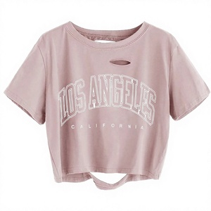 Camiseta Corta Rosa para Mujer, Manga Corta, Cuello Redondo, Estampado de Los Ángeles, Informal, para Primavera/Verano - Product Image 1