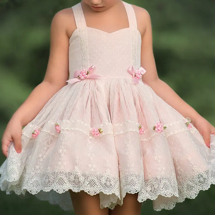 Vestito da ragazza per bambini personalizzato con tutu di fiori in pizzo estivo di nuova marca