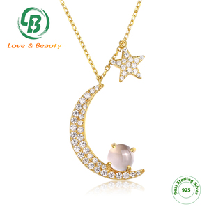 Las mujeres joyería de plata 925 de cuarzo rosa <span class=keywords><strong>luna</strong></span> y estrella colgante, collar, regalo de cumpleaños - Product Image 2