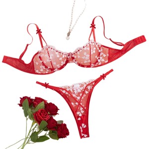 Ensemble de lingerie sexy transfrontalier européen et américain avec broderie en forme de cœur en maille, soutien-gorge push-up à armatures, pur et élégant. - Product Image 5