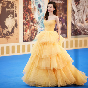 Yellow Ball Gown Sweetheart Neckline Empire Waist Mesh Layered Skirt Evening Dress For Art Exams Runway Princess Style - Product Image 1