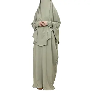 批发便宜的Khimar和Abaya套装素袍 + 头巾两件套绉纱宽松伊斯兰祈祷服套装袖口拉链女人Jilbab