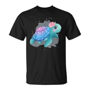 T-shirt mignon en aquarelle avec motif de tortue de mer et de rose pour enfants et adultes - Product Image 1