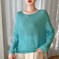 Pulls en maille ODM Fluffy 12gg, écologiques, bleu clair, de luxe, de haute qualité, en mohair et alpaga, coupe ample, col bateau, style décontracté