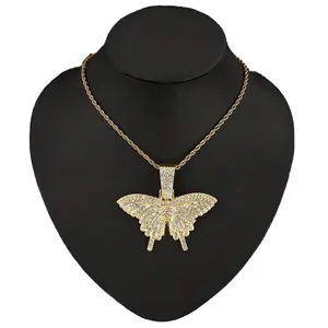 Hip hop 3MM rope chain with alloy and bling rhinestone butterfly charm pendant necklace