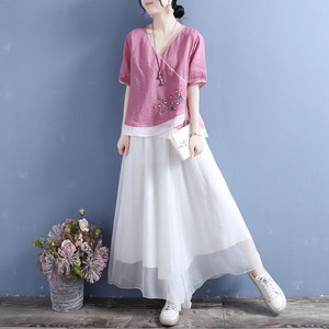 Women Cotton Linen V-neck Short Sleeve Top With Floral Embroidery Chinese Style Tea Dress Breathable Summer <b>Blouse</b> - Product Image 4