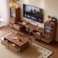 Ensemble de meuble TV et table basse rectangulaire en bois massif de style moderne et luxueux pour salon, avec tiroirs, design élégant