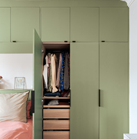 Système de dressing moderne vert Shaker, armoire sur mesure en bois massif avec portes coulissantes réglables et poignées dorées pour chambre à coucher