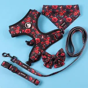 Nouvelle mode ensemble de harnais pour chien réfléchissant impression personnalisée mariage néoprène harnais pour chien souple collier de laisse ensemble bandana