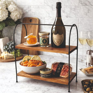 Étagère utilitaire en bois rustique et industriel de qualité supérieure avec cadre métallique à double niveau pour le rangement des assiettes et des bols dans la cuisine - Product Image 1