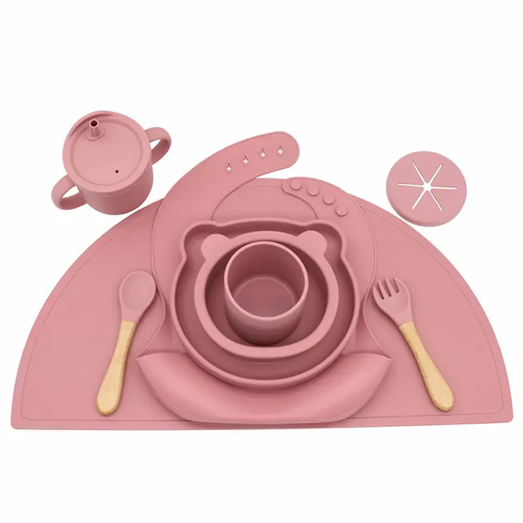 Set d'alimentation en Silicone sans BPA 8 pièces, fournitures d'alimentation pour bébé, ustensiles avec cuillères, bavoirs, napperon pour tout-petits