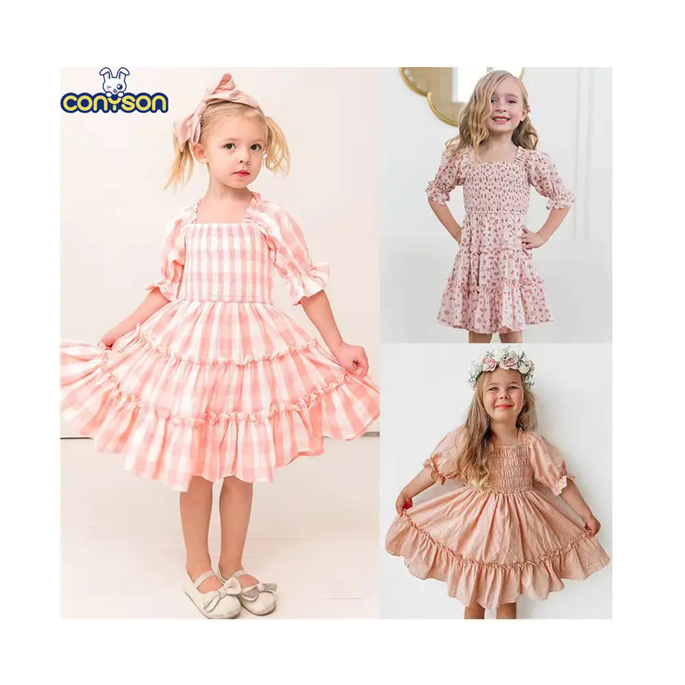 Conyson Neuheiten Sommer mode Shirring Design Quadratischer Kragen Sweet Puff Sleeve Lattice Floral Girl Formale Prinzessin Kleid