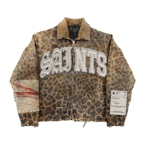 Giacca da Lavoro Personalizzata in Denim, Oversize Stile Vintage in Tela Leopardata con Toppa Ricamata, Chiusura a Cerniera e Finitura Effetto Vissuto - Product Image 1